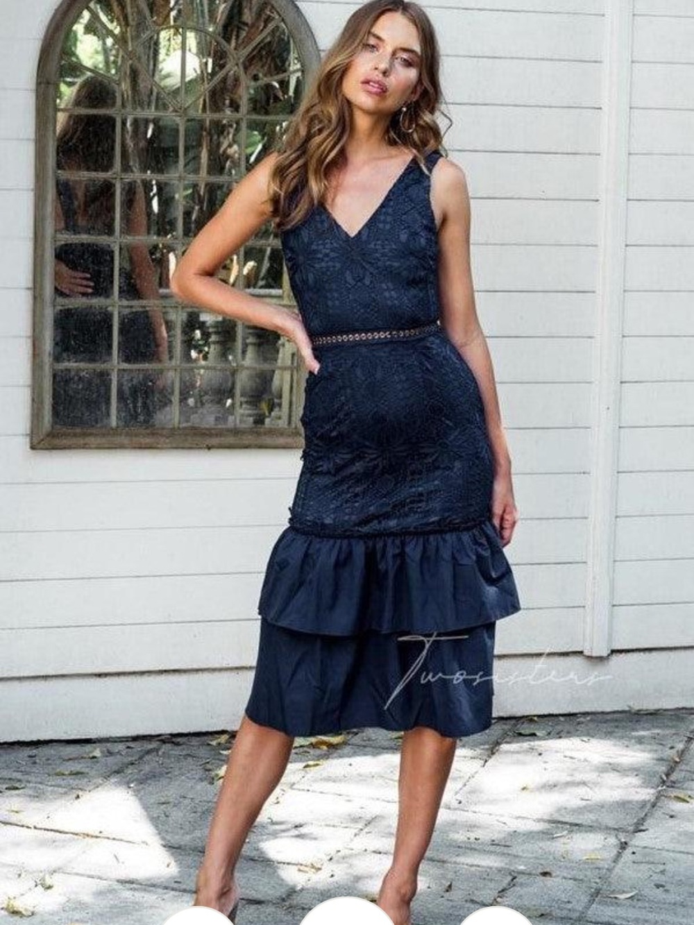 Sleeveless Navy Lace Tiered Midi Dress